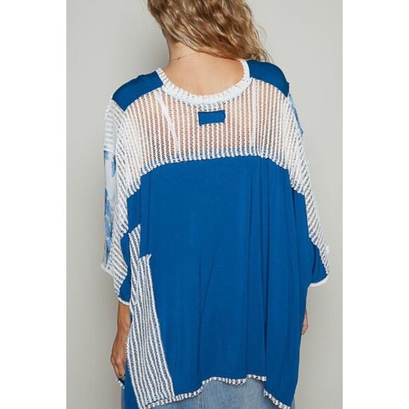 POL Crochet Detail Floral V Neck Oversized Top Tunic Blue White Size Medium - Picture 3 of 15